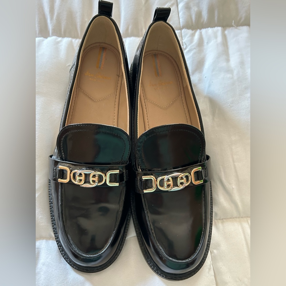 Sam Edelman Glossy Black Loafers with Gold Detail